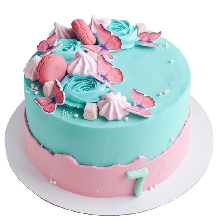 Торт розово-голубой с бабочками №1862