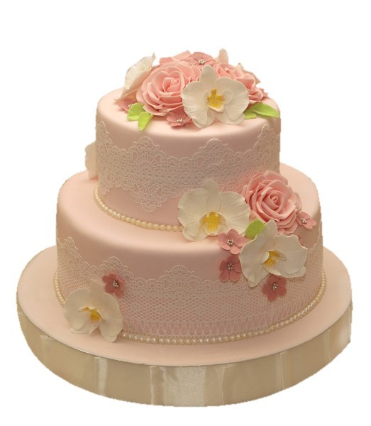 Торт свадебный розовый с цветами №1070