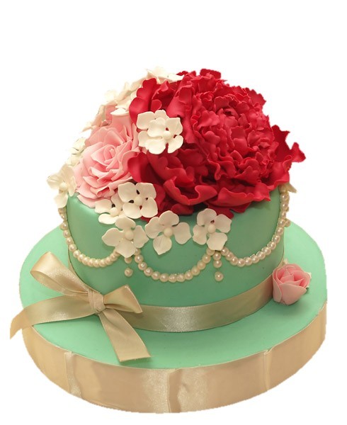 Торт праздничный с цветами, бантом и бусами №1125