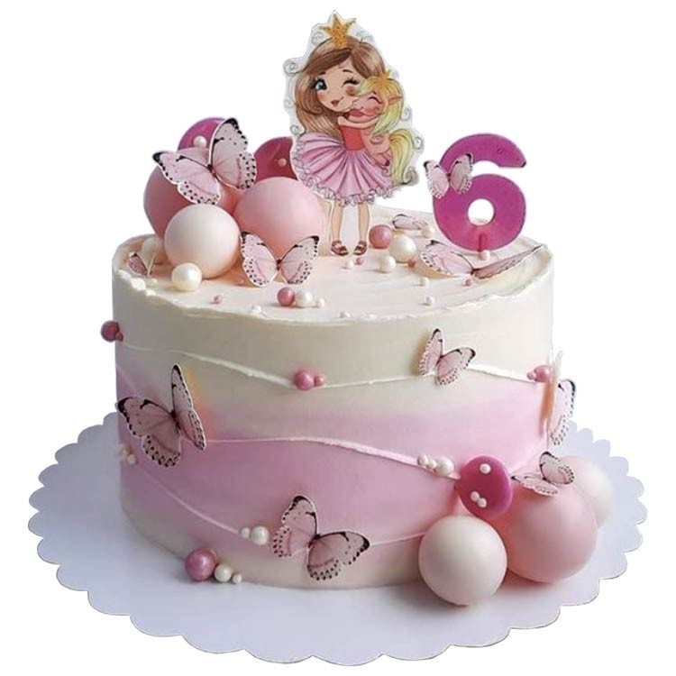 Торт розово-белый с принцессой и бабочками №2627