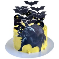 Желтый торт с Бэтменом и топперами-летучими мышами №3597