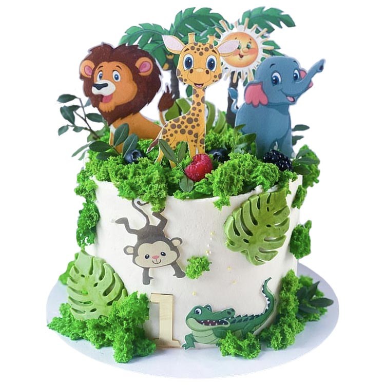 Торт на 1 годик с тропическими животными №2991