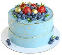 Голубой торт с ягодами и золотыми шарами №2004