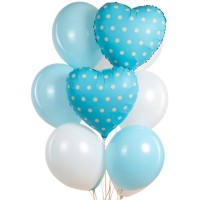 Воздушные шарики в бело-голубых тонах с фольгированными сердцами №1226
