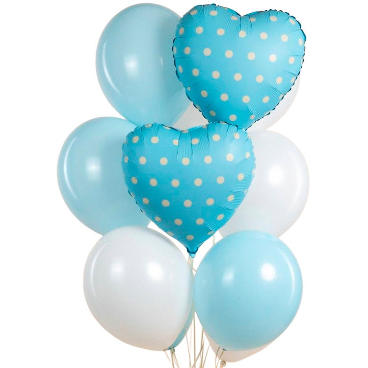 Воздушные шарики в бело-голубых тонах с фольгированными сердцами №1226