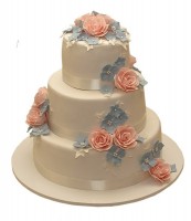Торт свадебный с синими и розовыми цветами №841