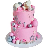 Торт на 1 годик двухъярусный с мишкой розовый №2664