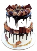 Торт двухъярусный со сладостями и шоколадными подтеками №2557