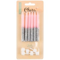 Свечи для торта розовые с серебром №84