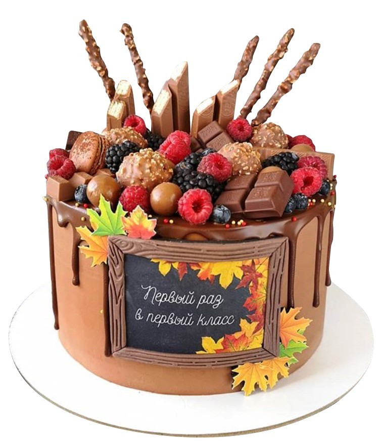 Торт на 1 сентября с фруктами и сладостями №1892