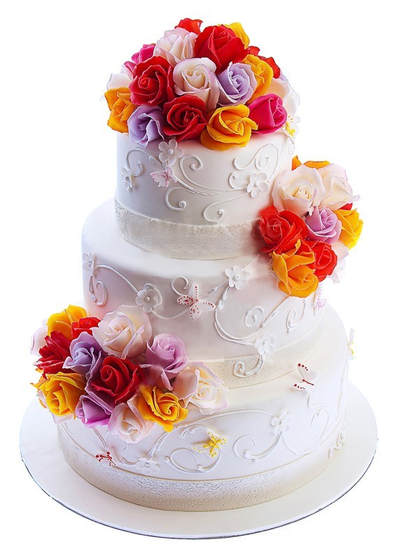 Торт свадебный с яркими цветами №480