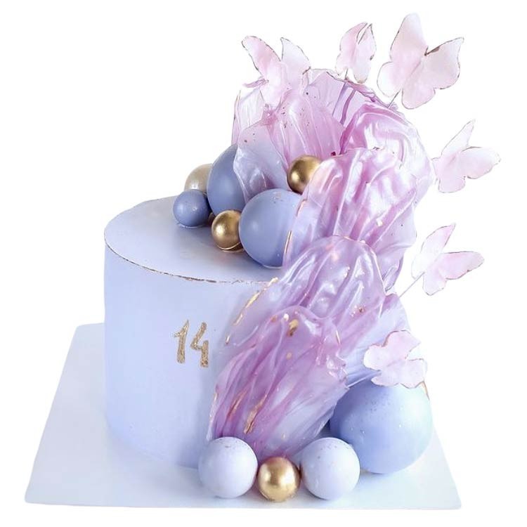 Торт с лепестками, бабочками и шарами на 14 лет №2840