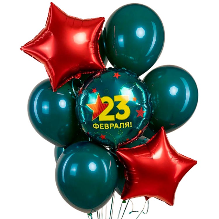 Набор зеленых шаров с красными звездами на 23 февраля №1211